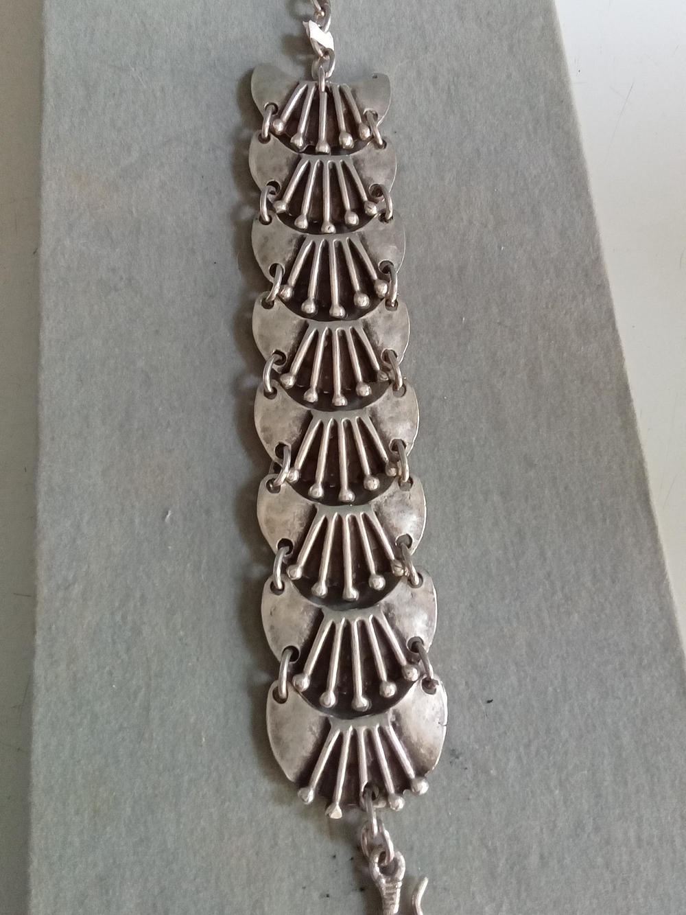 Vintage Brutalist Silver Tone Crescent Panel Bracelet with Coin Charm Boho